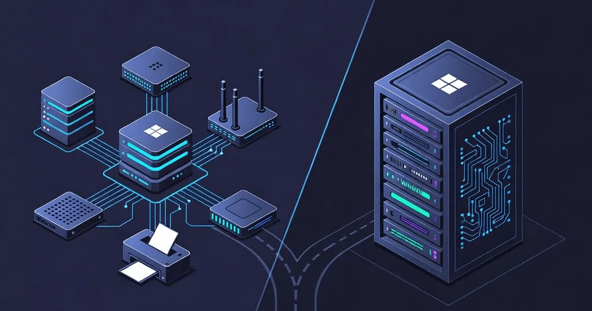 Diagram contrasting SNMP polling across Windows, Linux, and network devices with WMI querying only Windows hosts