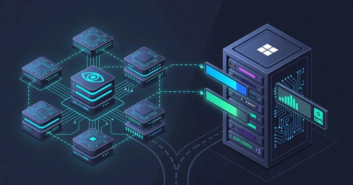 Diagram of external resource monitoring: an off-site SNMP poller reading Host Resources MIB CPU and storage OIDs from a server agent over UDP 161