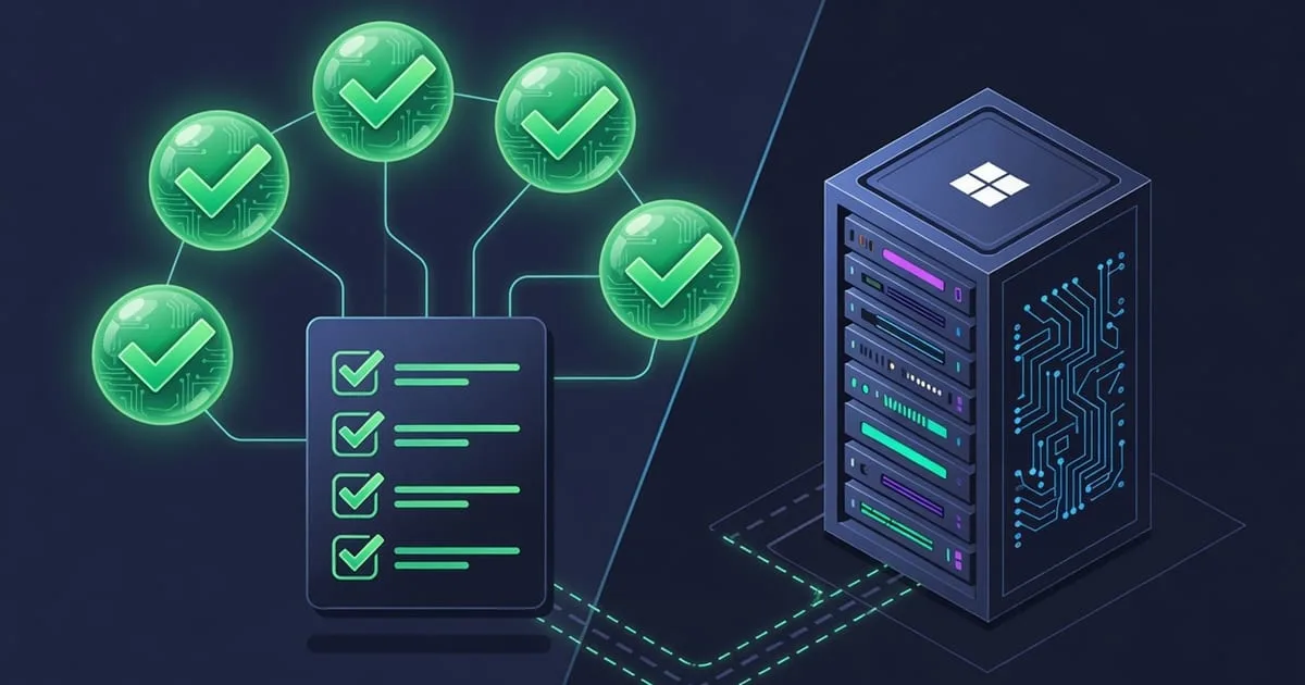 Illustration: a monitoring setup checklist with ticked items for agent, community string, OID allowlist, thresholds, and external check