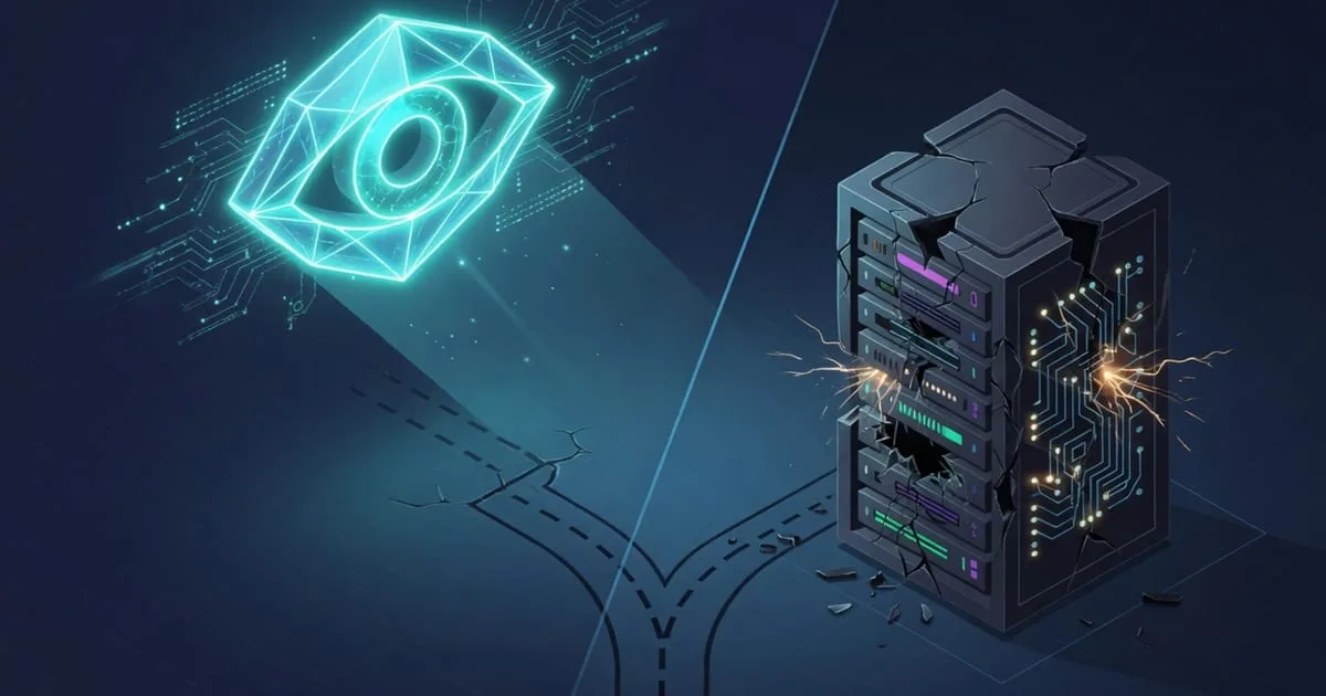 Illustration of a crashed server whose local alerts fail to send while an outside monitor detects the silence and delivers an email and SMS alert