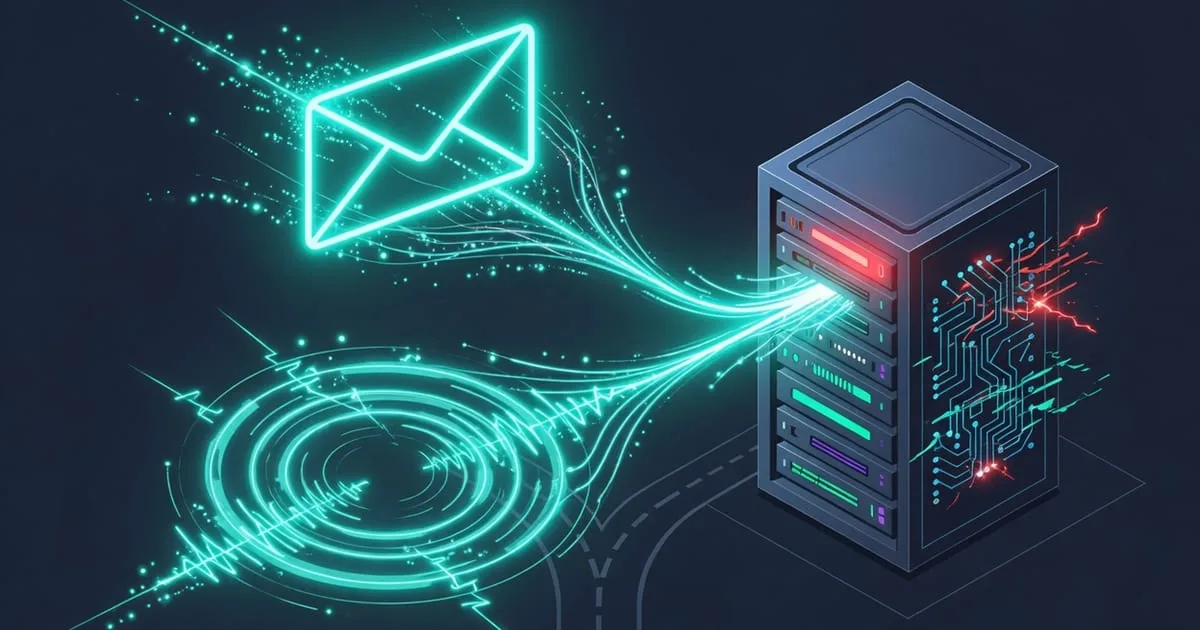 Diagram of an external monitor detecting a server timeout and dispatching a server down SMS alert to a phone and an email notification to an inbox