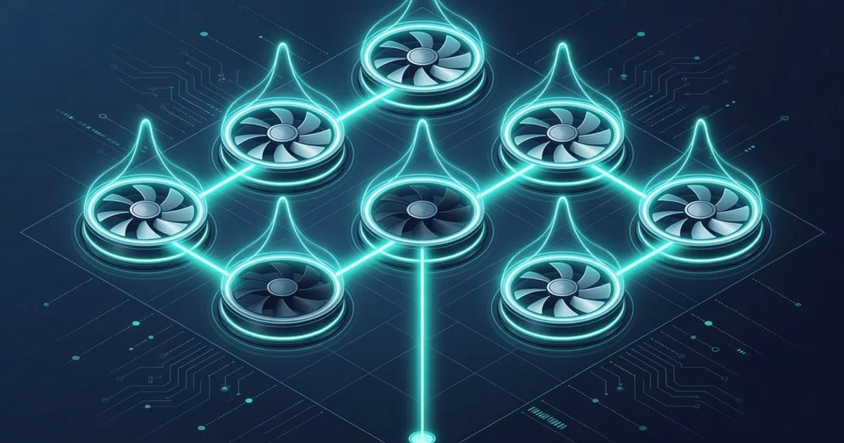 Chart: fan speed in RPM across four chassis fans over 24 hours, one line dropping to zero to indicate a failed fan