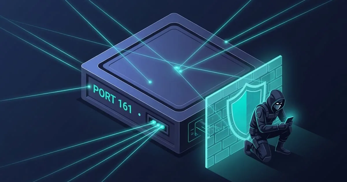 Diagram: a port scanner sweeping UDP 161 and missing an SNMP agent relocated to a non-default port behind a scoped firewall