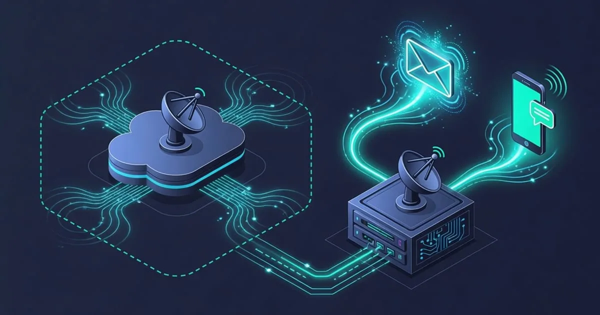 Diagram of ostr.io polling a server's SNMP agent from outside the network and sending email and SMS alerts