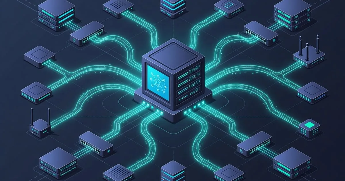 Diagram of SNMP architecture showing a manager polling multiple agents on managed devices over UDP ports 161 and 162